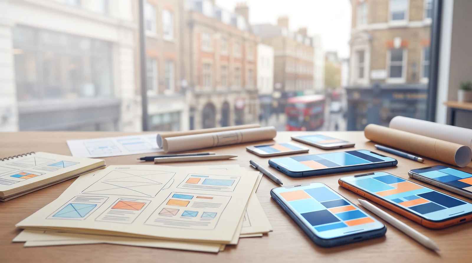 Mobile app screens and release notes arranged on a desk