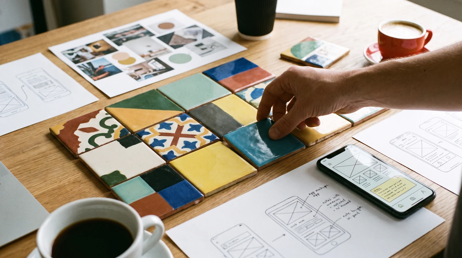 Mobile app release materials and colour samples arranged on a table