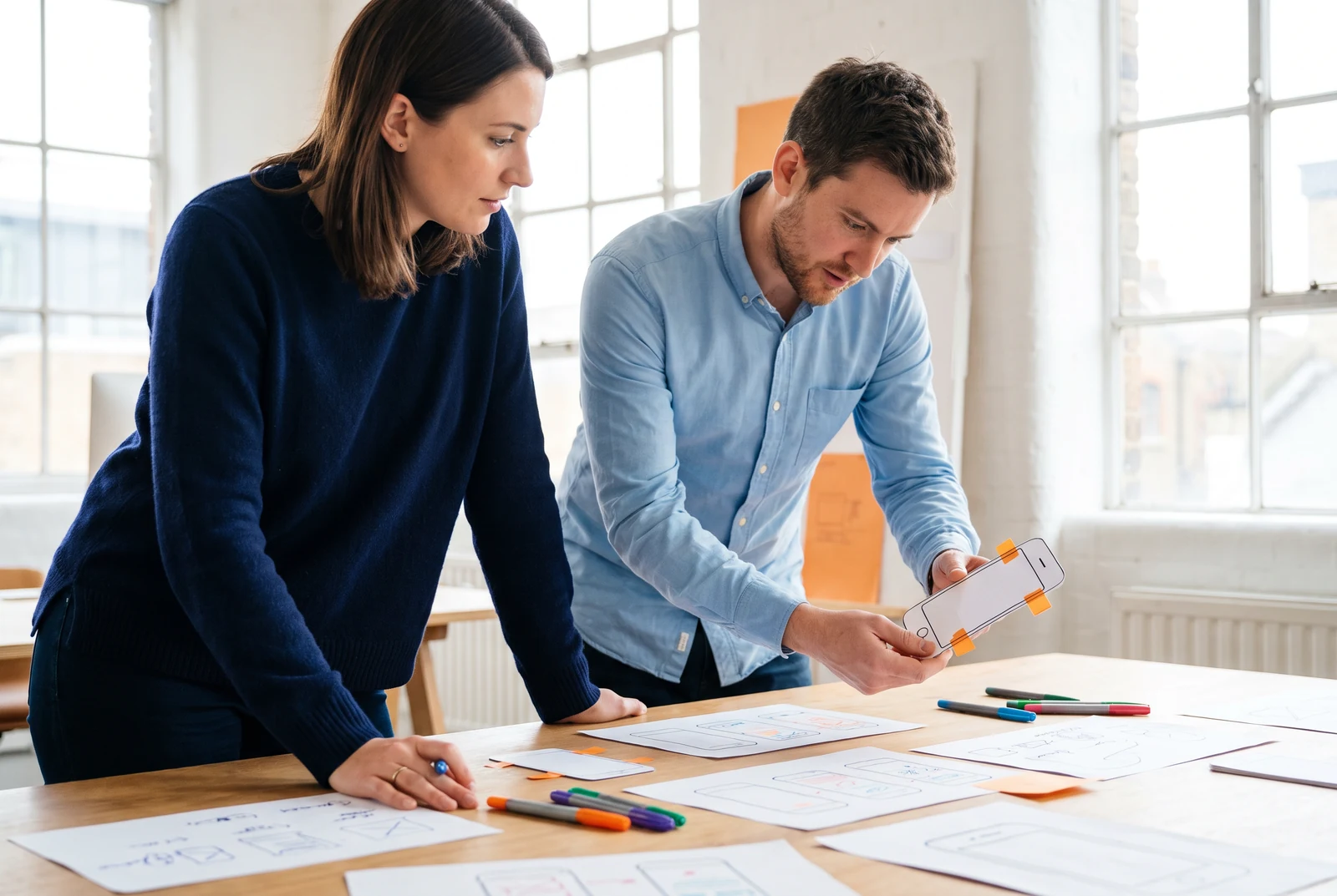 Two people reviewing mobile app designs together on a table