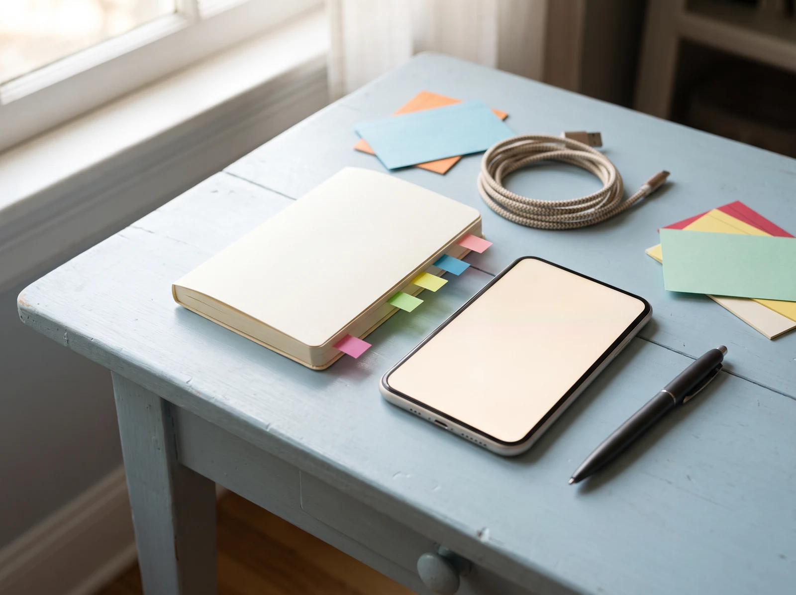 Notebook, phone and cables ready for a mobile app release