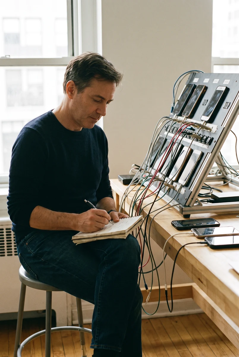 Person reviewing paper notes in a studio