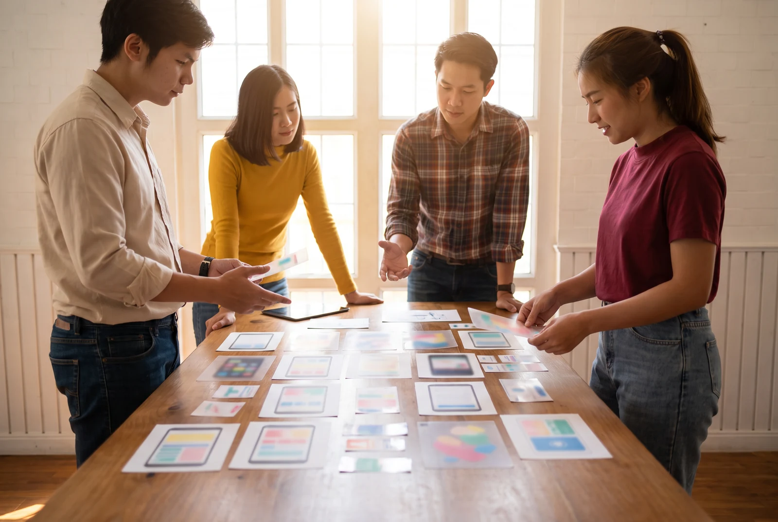 Team arranging release artefacts on a table
