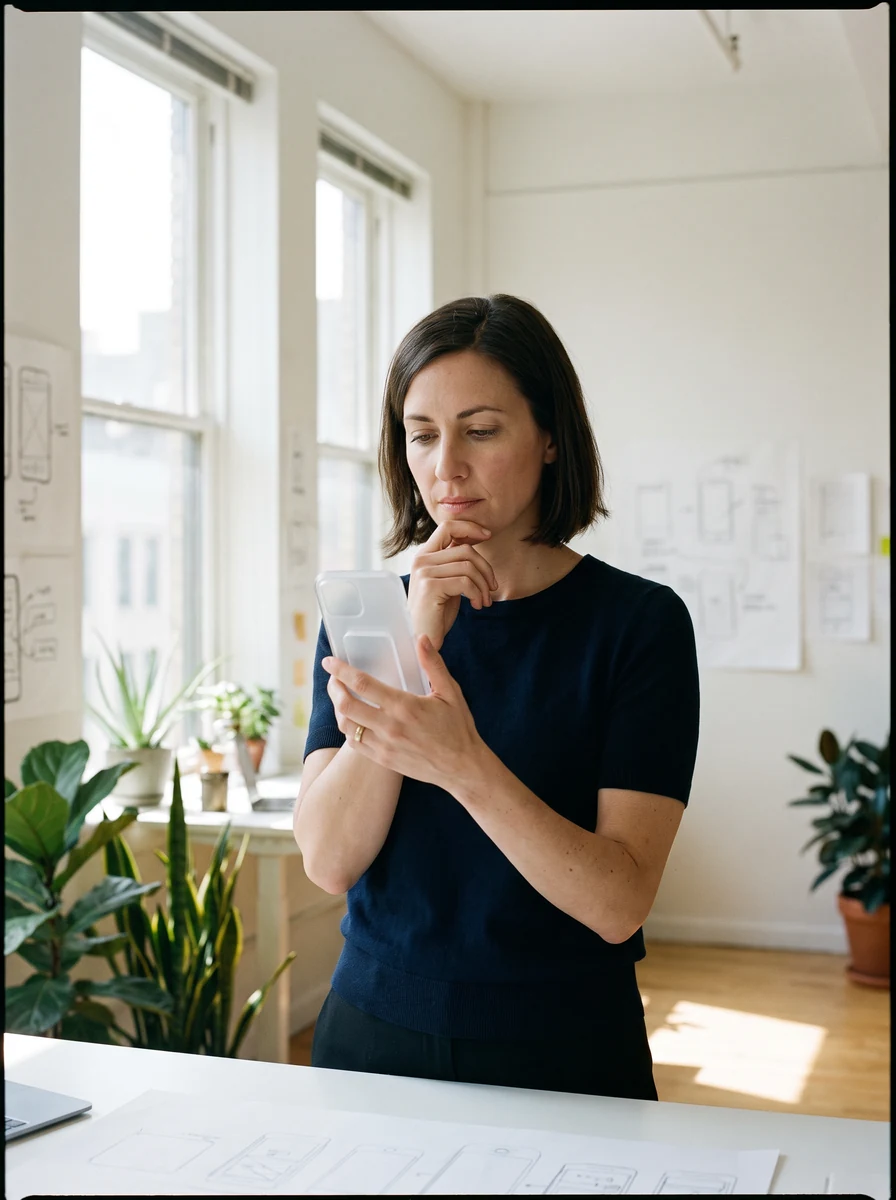 Person considering a mobile app on a phone
